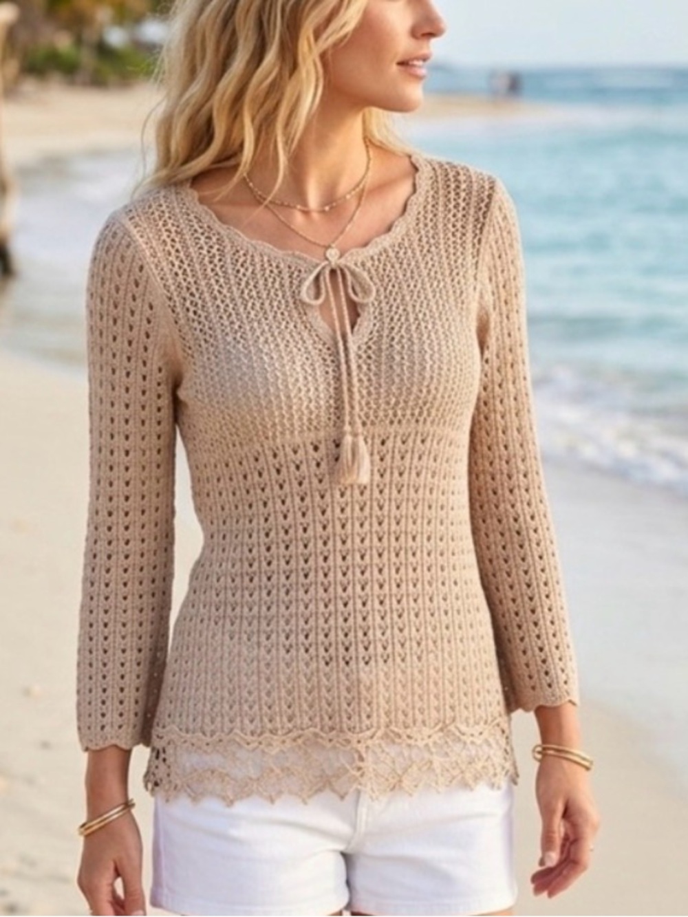 new directions Beige Crochet Tie-Neck Tunic Top